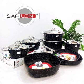 13-piece black granite square cookware set with stainless steel handle