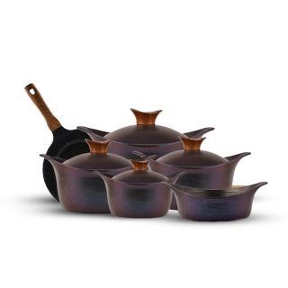 A 10-piece cookware set with a frying pan and an ocean nickel tray