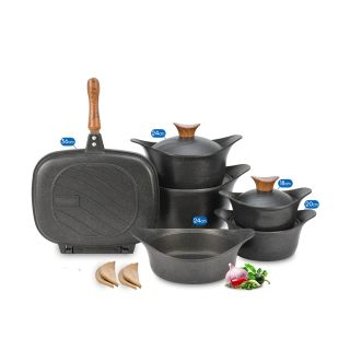 A 10-piece cookware set with a double grill and a black tray